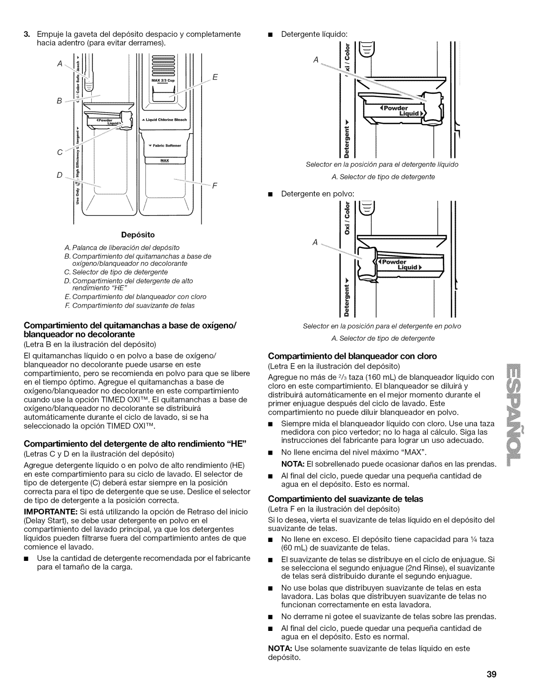 Kenmore 4771, 110.477, 4778 Compartimiento del detergente de alto rendimiento HE, Compartimiento del blanqueador con cloro 