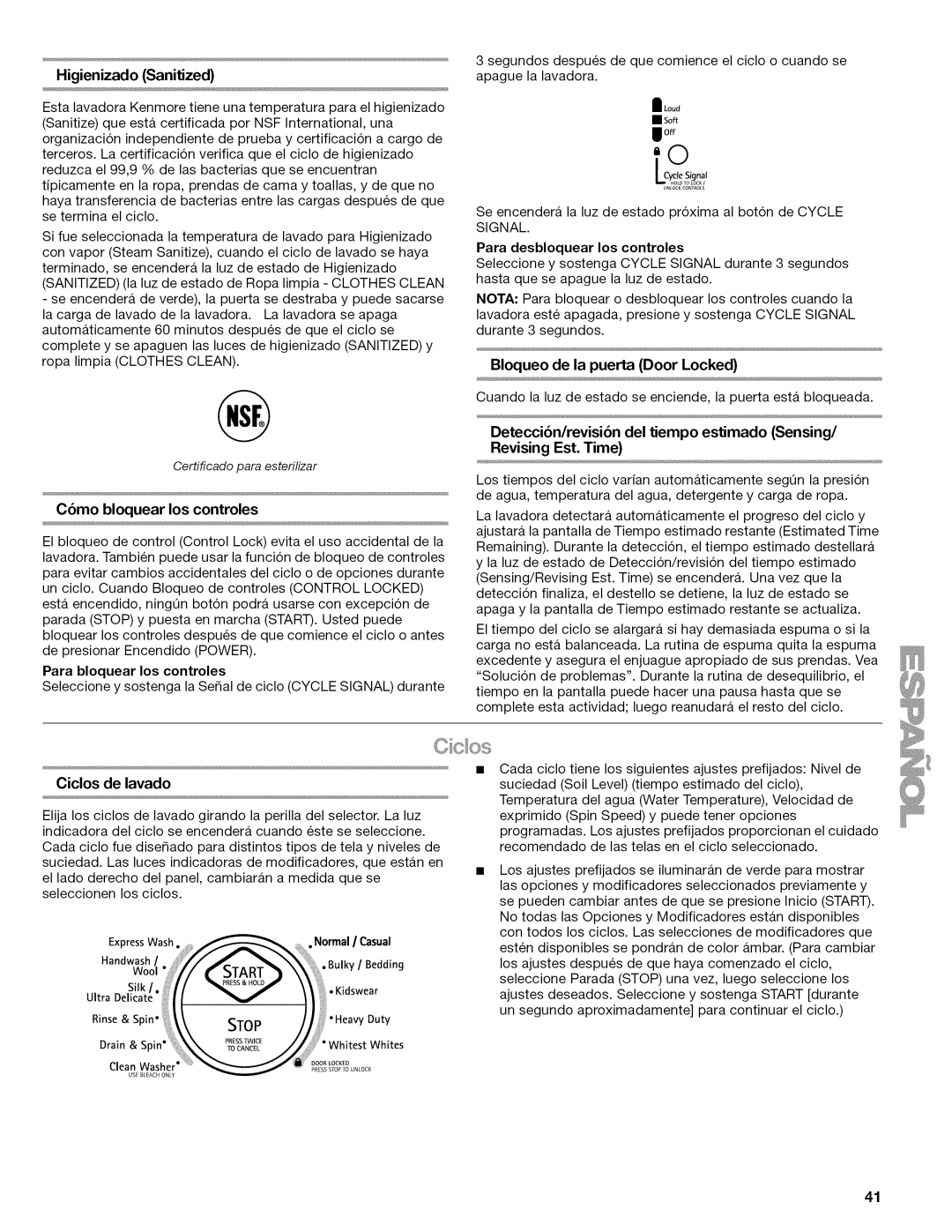 Kenmore 4779, 4778 Oiclos de lavado, Bloqueo de la puerta Door Locked, Higienizado Sanitized, C6mo bloquear los controles 