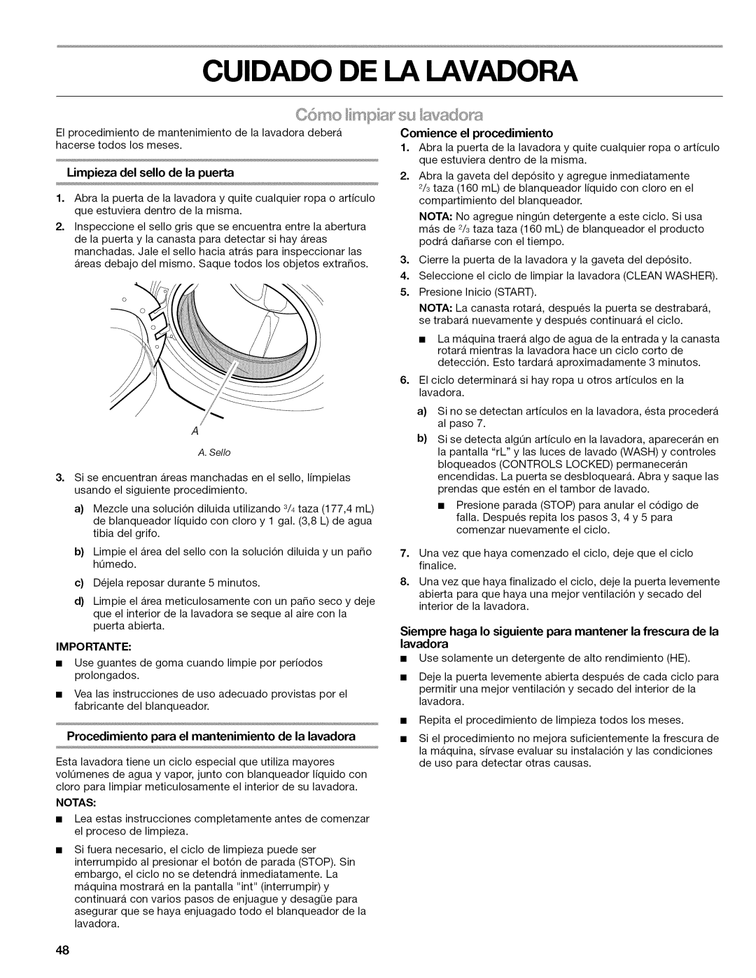 Kenmore 110.477 Cuidado DE LA Lavadora, Procedimiento para el mantenimiento de la lavadora, Comience el procedimiento 