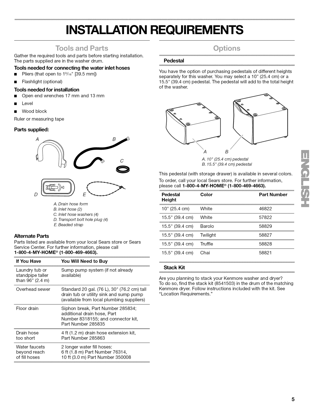 Kenmore 4779, 110.477, 4778, 4776, 4771, 4775 Parts supplied, If You Have You Will Need to Buy, Pedestal Color, Height 