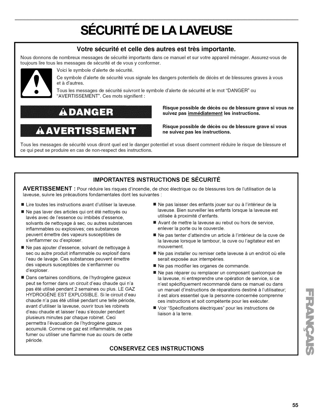 Kenmore 4778, 110.477, 4776, 4771, 4775, 4779 SI Curiti DE LA Laveuse, Votre securite et celle des autres est tres importante 