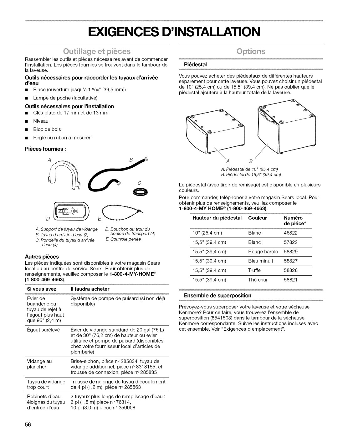 Kenmore 4776, 110.477, 4778, 4771, 4775, 4779 manual Exigences Dinstallation, Pices fournies 