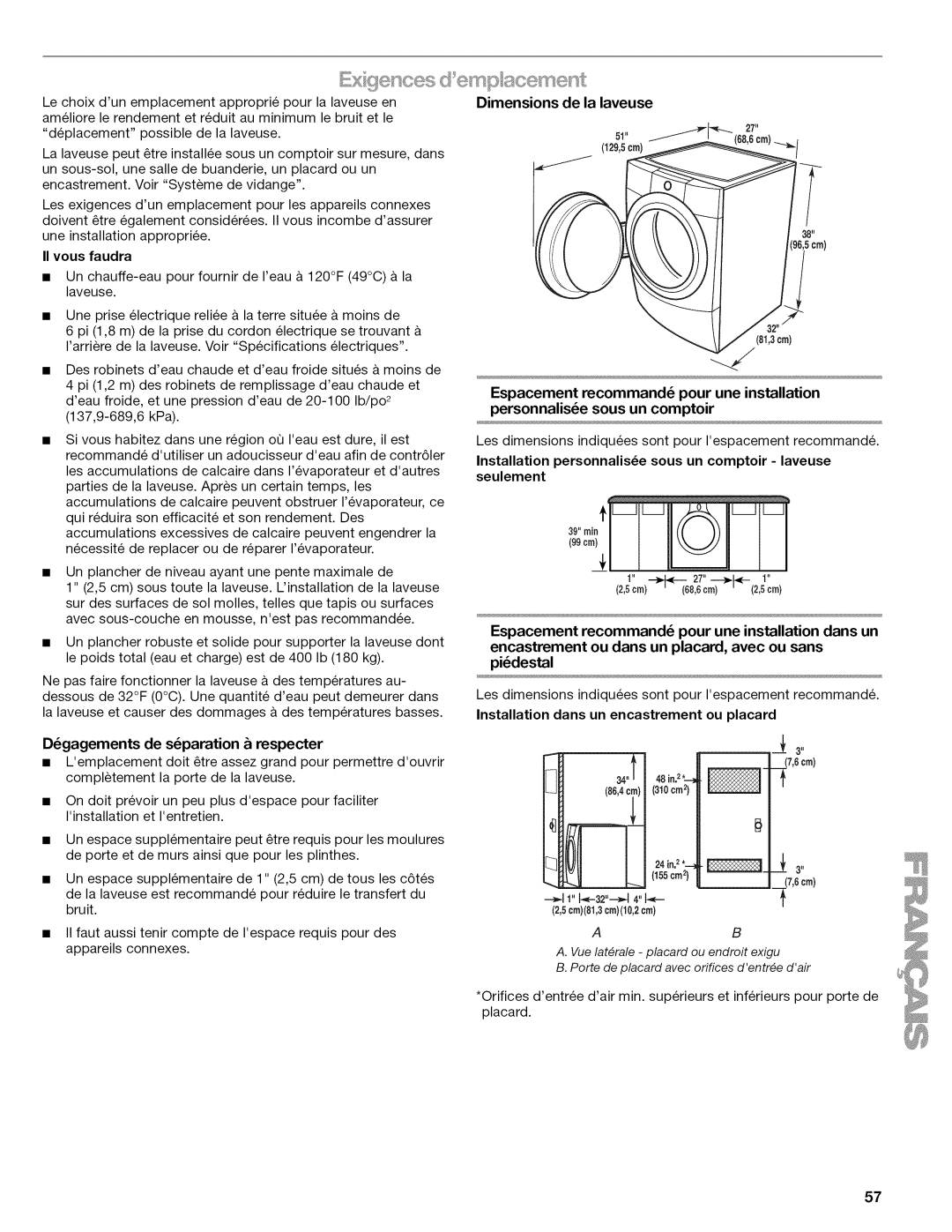 Kenmore 4771, 110.477, 4778, 4776, 4775, 4779 manual Ces d empscment, II vous faudra, Dgagements de sparation & respecter 