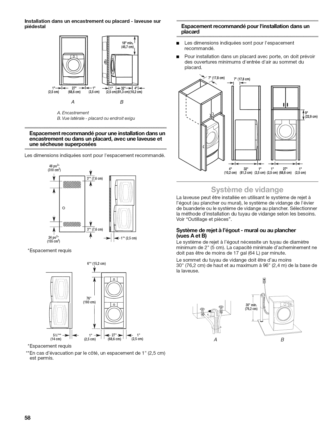 Kenmore 4775, 110.477, 4778, 4776, 4771, 4779 manual Espacement recommand pour Iinstallationdans un placard 