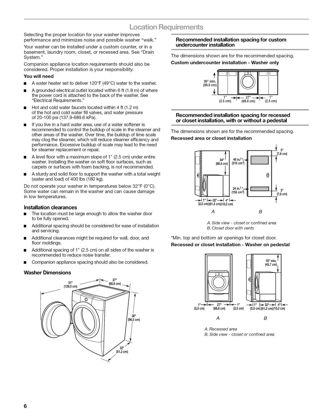 Kenmore 110.477, 4778, 4776, 4771, 4775, 4779 manual Installation clearances, Washer Dimensions, 5cm 