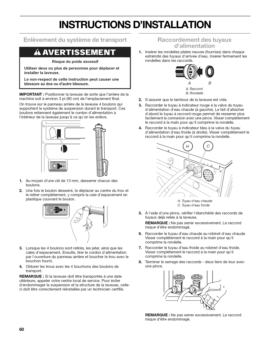 Kenmore 110.477, 4778, 4776, 4771, 4775, 4779 manual Instructions Dinstallation, Raccord B. Rondelle 