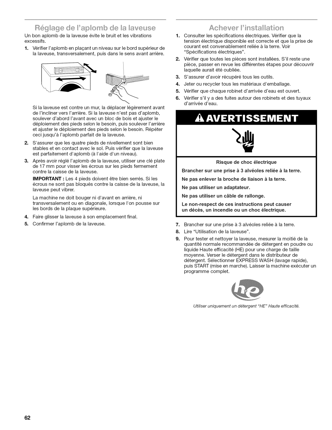 Kenmore 4776, 110.477, 4778, 4771, 4775, 4779 manual Utifiser uniquement un d#tergent HE Haute efficacit 