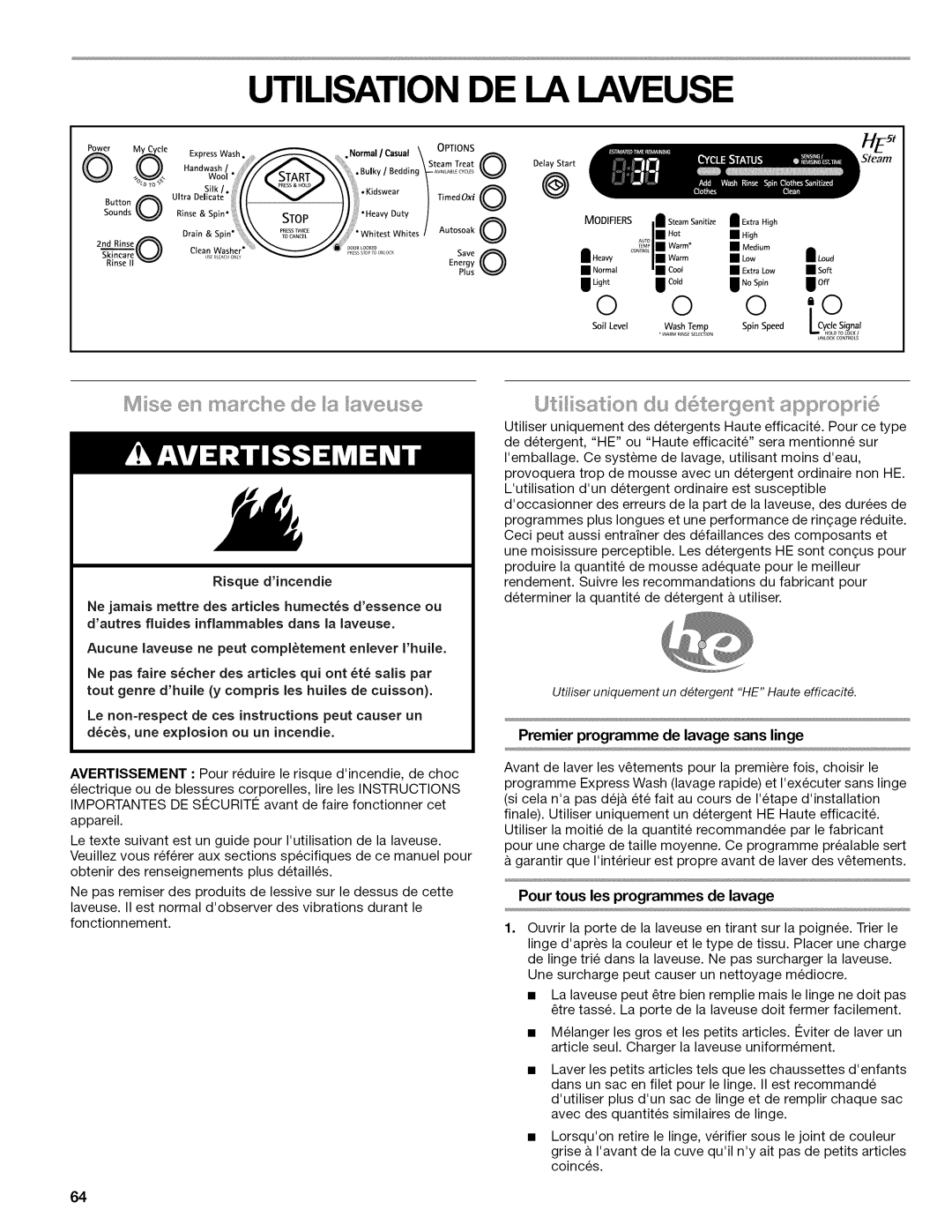 Kenmore 4775, 110.477, 4778, 4776, 4771, 4779 Premier programme de lavage sans linge, Pour tous les programmes de lavage, ILow 