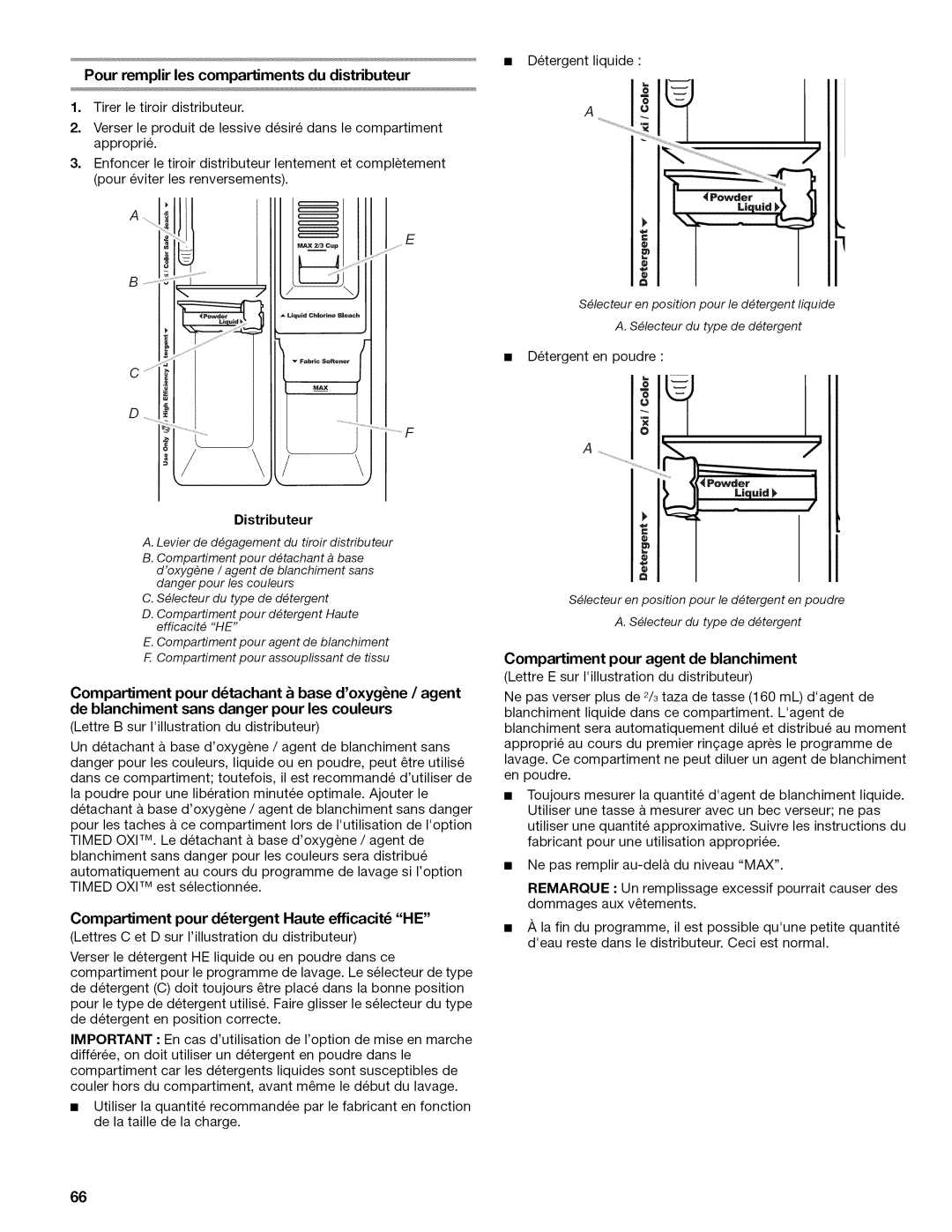 Kenmore 110.477 Pourremplir les compartiments du distributeur, Distributeur, Compartiment pour dtergent Haute efficacit HE 