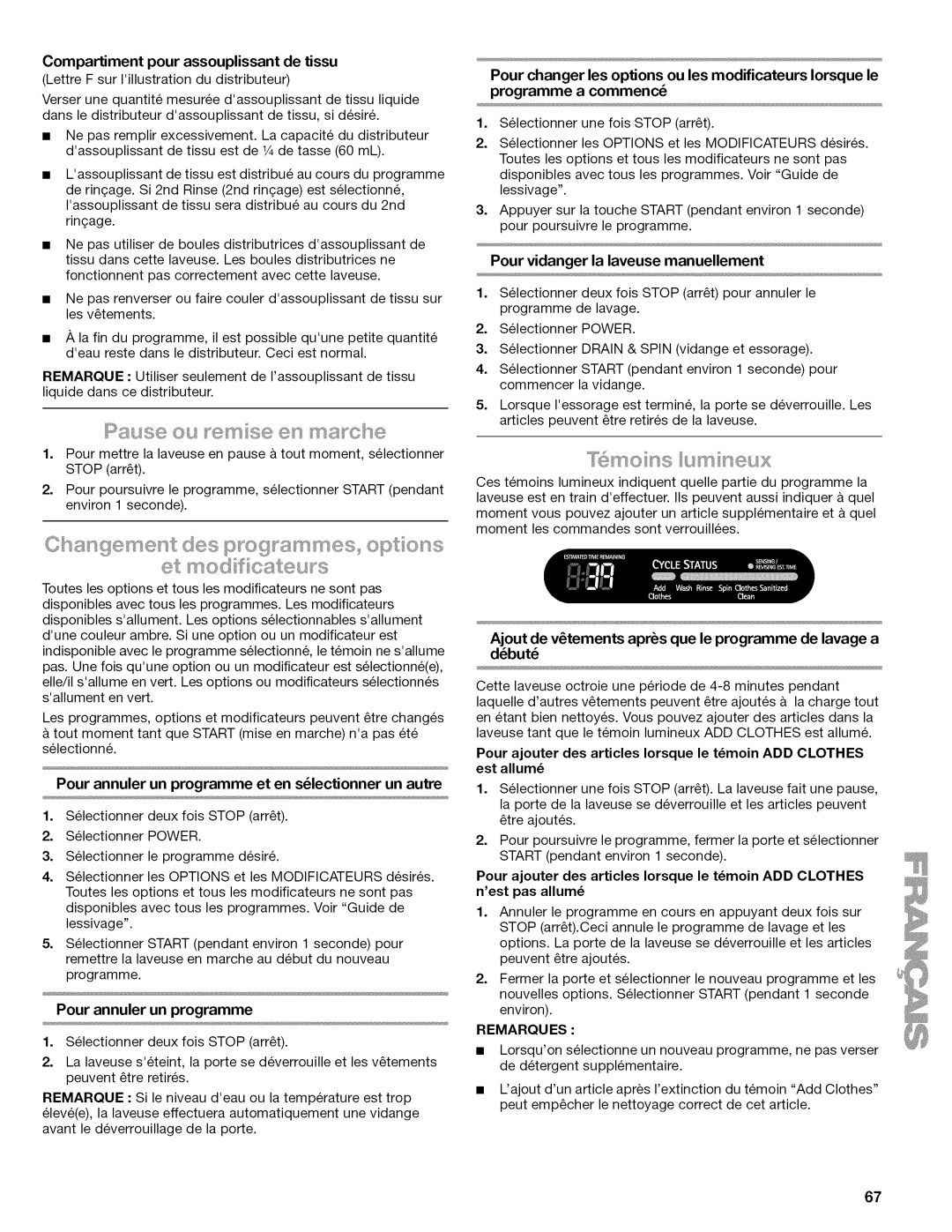 Kenmore 4778, 4776 Pour annuler un programme et en slectionner un autre, Pour vidanger la laveuse manuellement, Remarques 