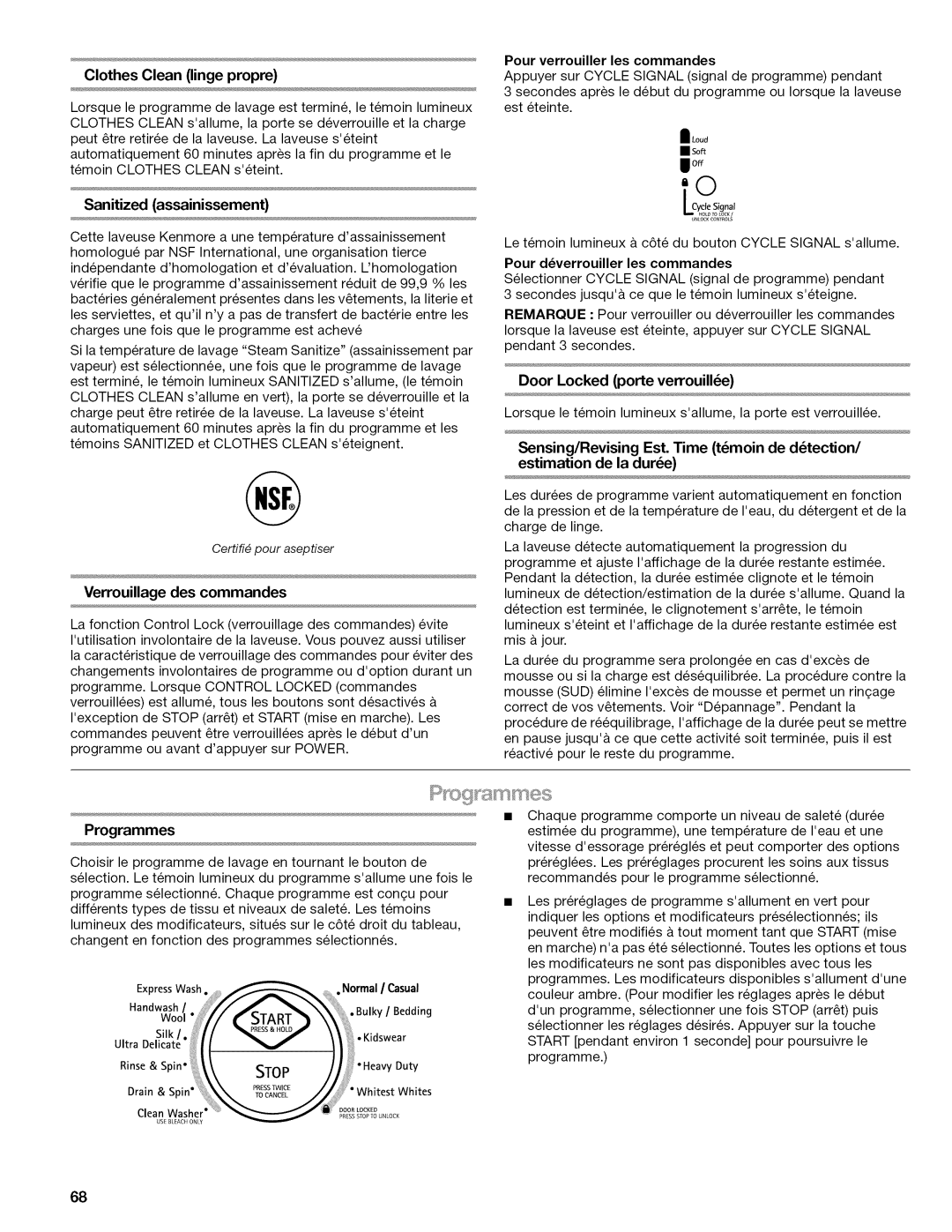 Kenmore 4776, 110.477, 4778 Sanitized assainissement, Verrouillage des commandes, Programmes, Door Locked porte verrouille 