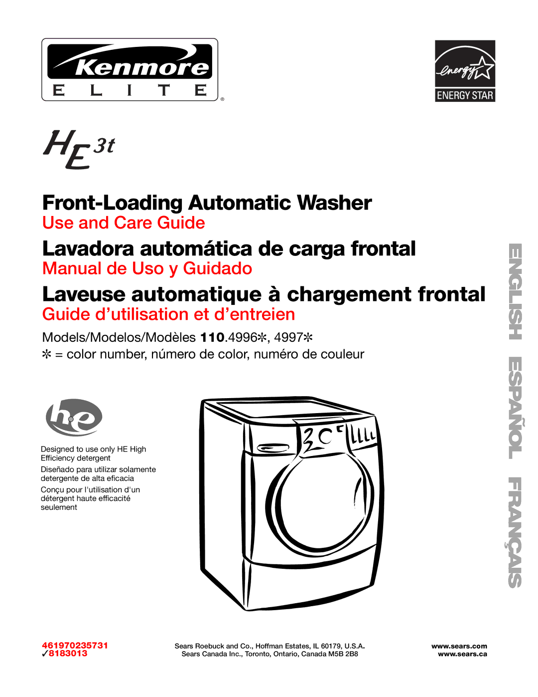 Kenmore 110.4996, 110.4997 manual Front-Loading Automatic Washer 