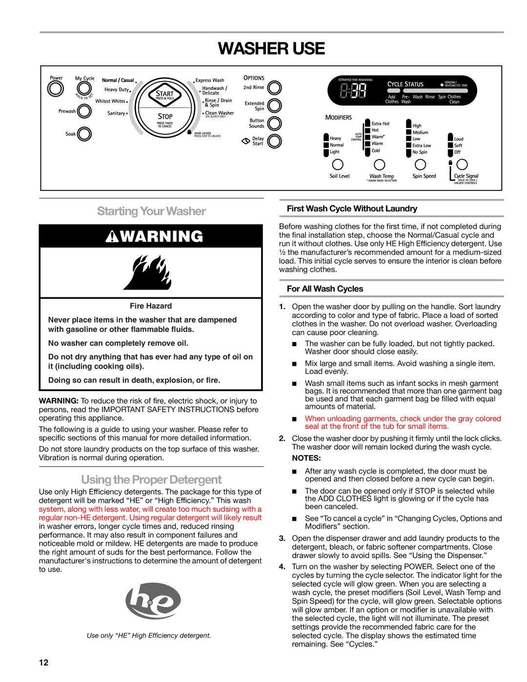 Kenmore 110.4997, 110.4996 Washer USE, Starting Your Washer, Using the Proper Detergent, First Wash Cycle Without Laundry 