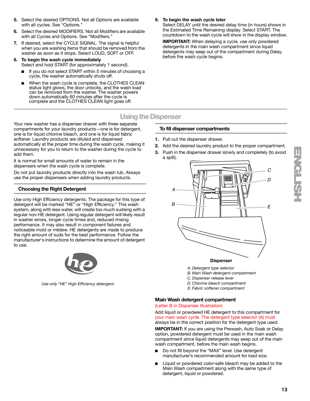 Kenmore 110.4996, 110.4997 manual Using the Dispenser, Choosing the Right Detergent, To fill dispenser compartments 