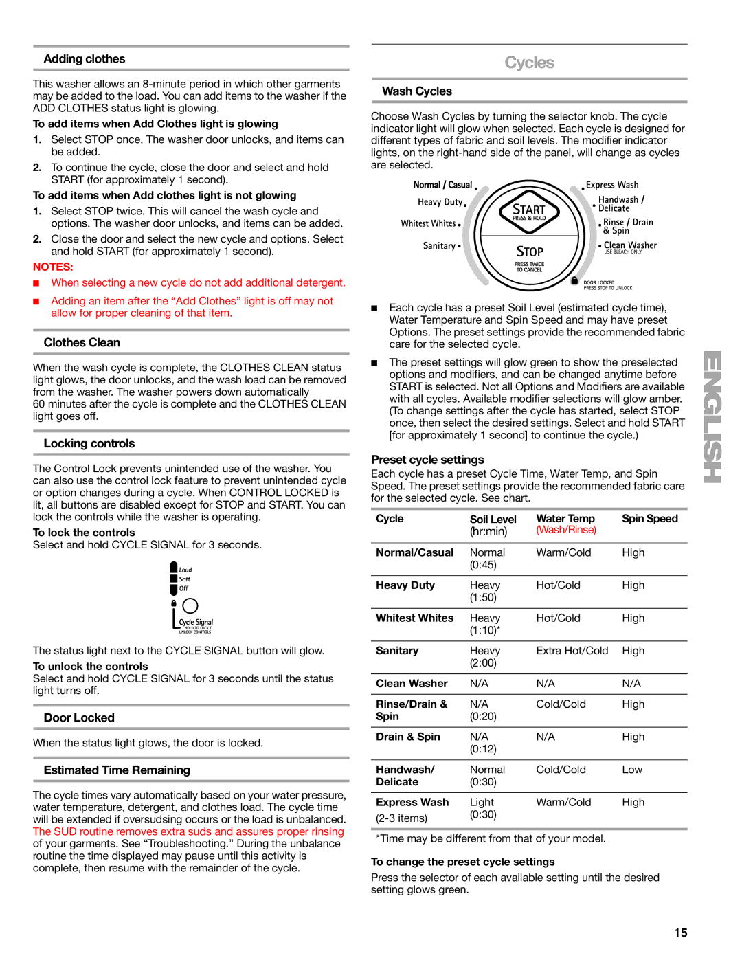 Kenmore 110.4996, 110.4997 manual Cycles 