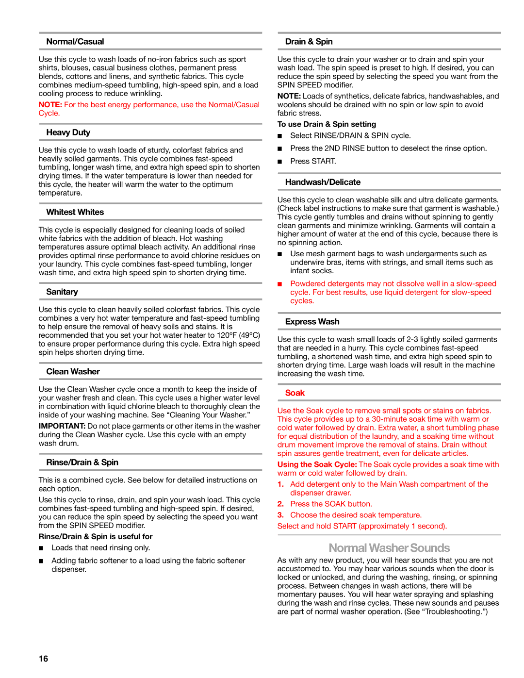Kenmore 110.4997, 110.4996 manual Normal Washer Sounds 