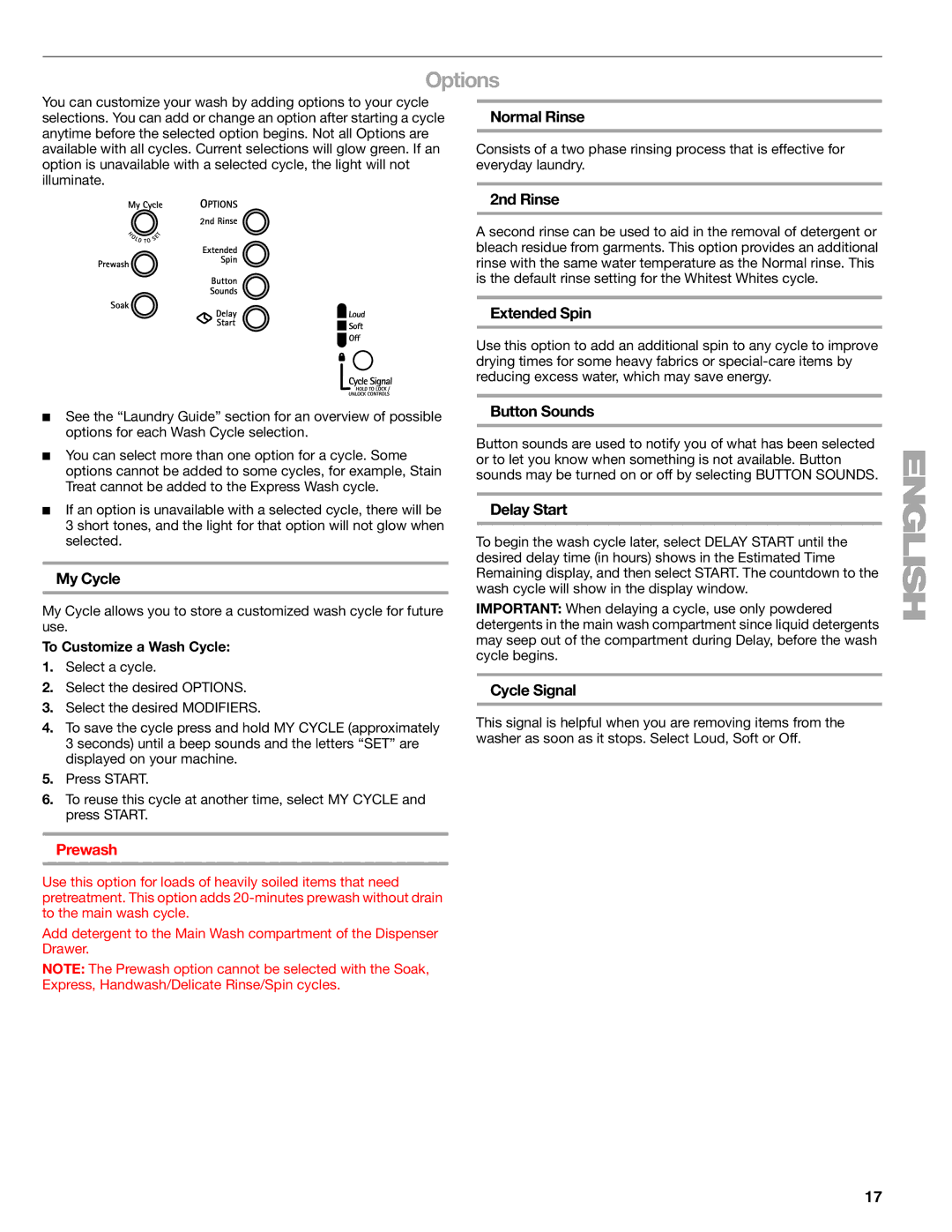 Kenmore 110.4996, 110.4997 manual My Cycle, Normal Rinse, 2nd Rinse, Extended Spin, Button Sounds, Delay Start, Cycle Signal 