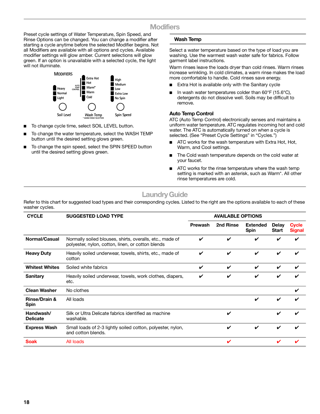 Kenmore 110.4997, 110.4996 manual Modifiers, Laundry Guide, Wash Temp, Auto Temp Control 