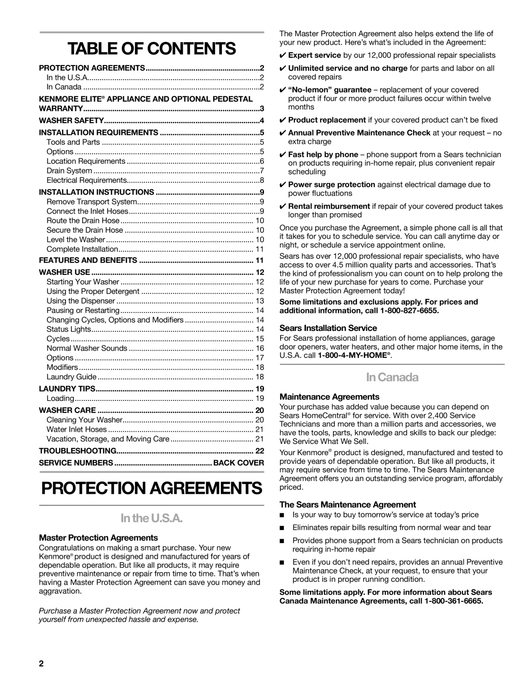 Kenmore 110.4997, 110.4996 manual Table of Contents 