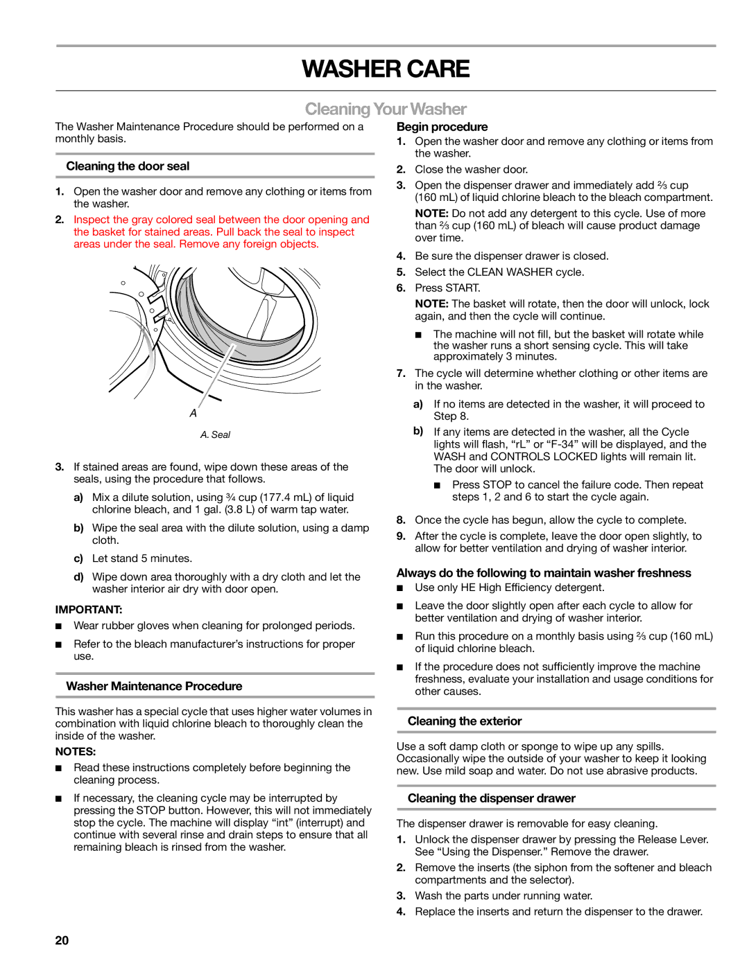 Kenmore 110.4997, 110.4996 manual Washer Care, Cleaning Your Washer 