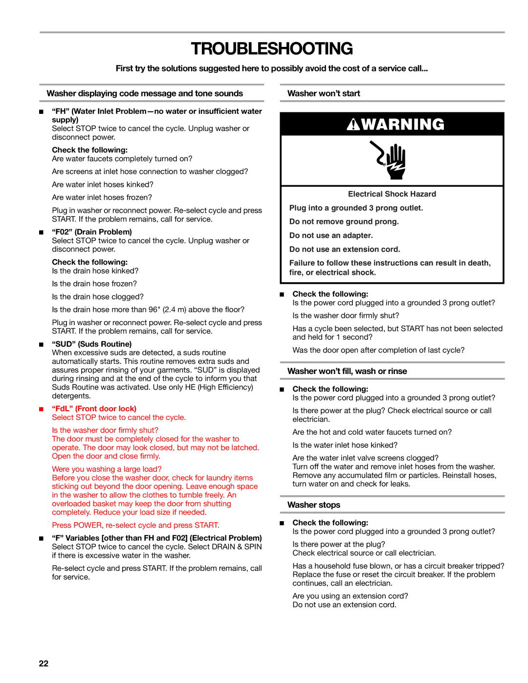 Kenmore 110.4997, 110.4996 manual Troubleshooting, Washer won’t start, Washer won’t fill, wash or rinse, Washer stops 