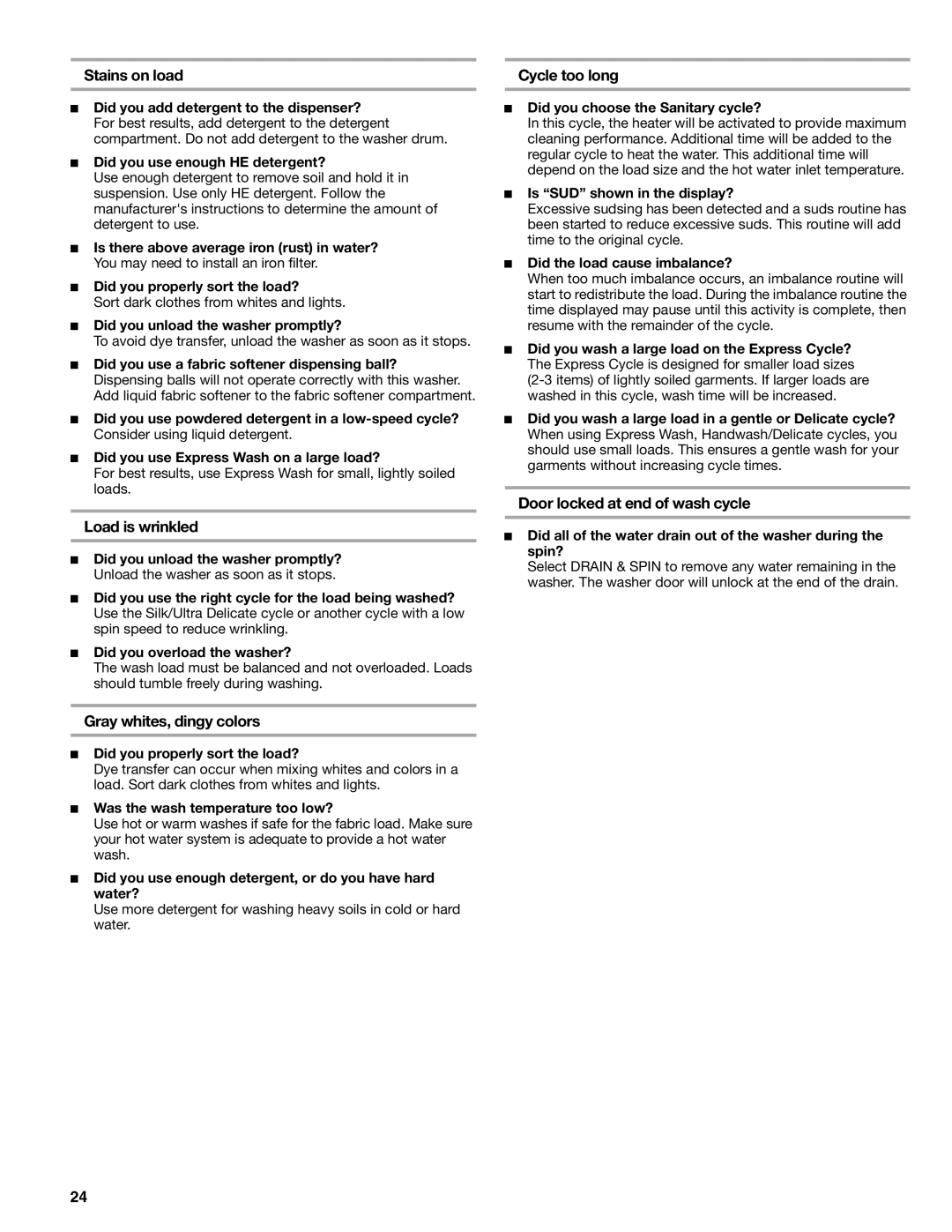 Kenmore 110.4997, 110.4996 manual Stains on load, Load is wrinkled, Gray whites, dingy colors, Cycle too long 