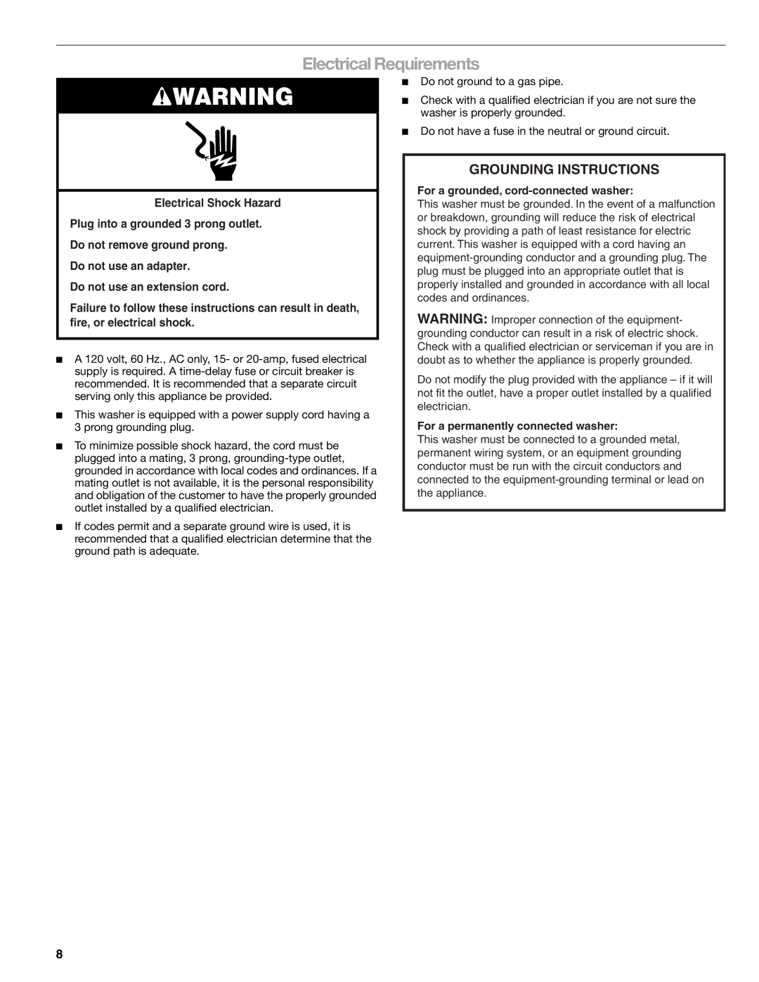 Kenmore 110.4997, 110.4996 manual Electrical Requirements, Grounding Instructions 