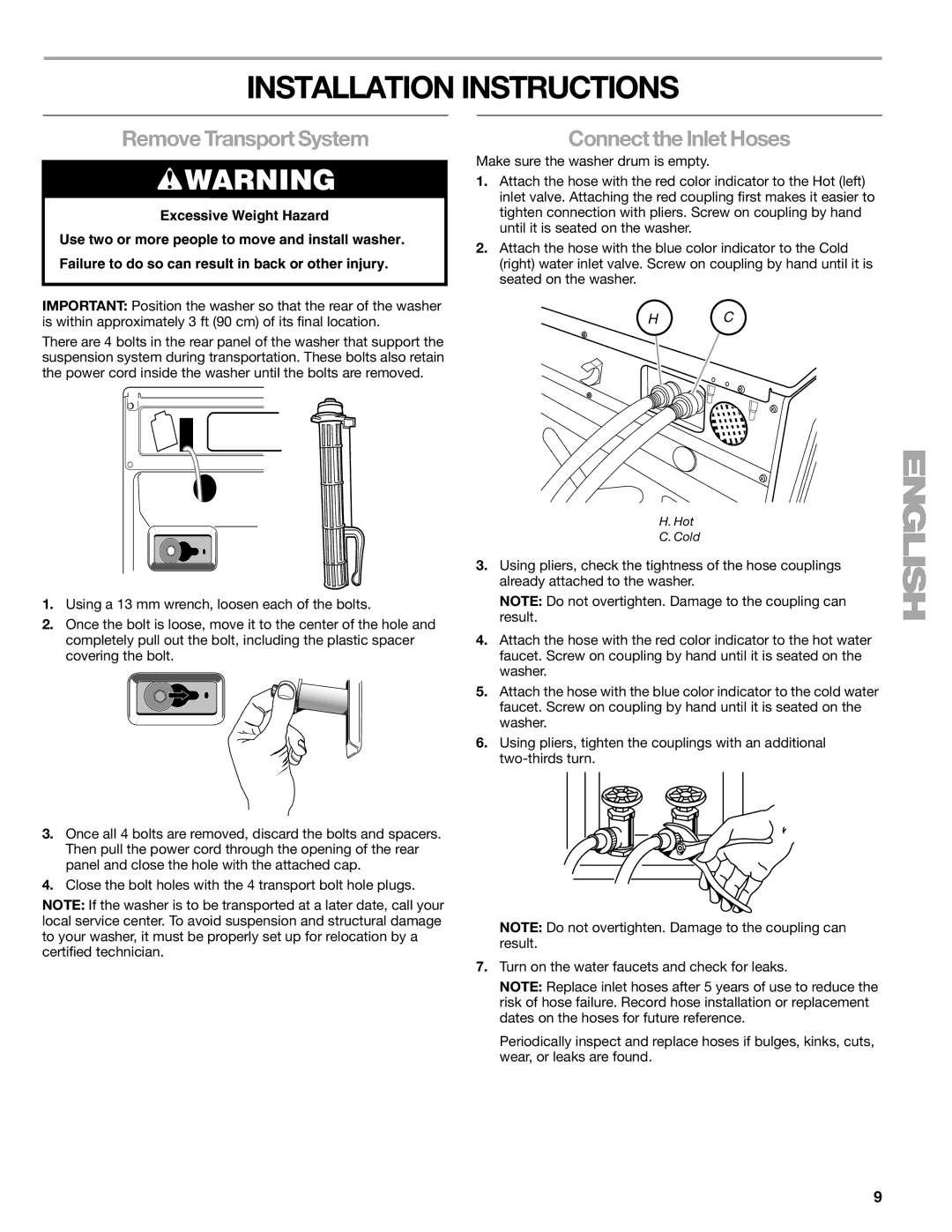 Kenmore 110.4996, 110.4997 manual Installation Instructions, Remove Transport System, Connect the Inlet Hoses 