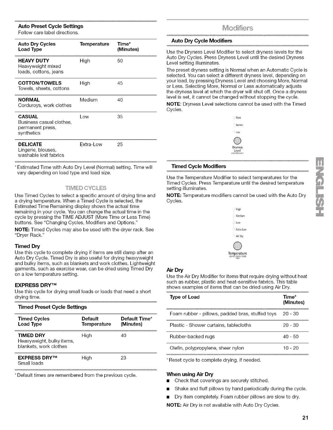 Kenmore 110.6704, 110.6703 manual Auto Preset Cycle Settings, Timed Preset Cycle Settings, Auto Dry Cycle Modifiers 