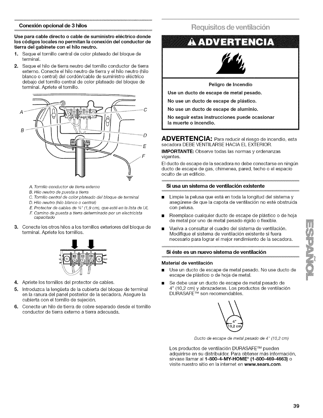 Kenmore 110.6704, 110.6703 manual Peligro de Incendio, Si usa un sistema de ventilacibn existente 