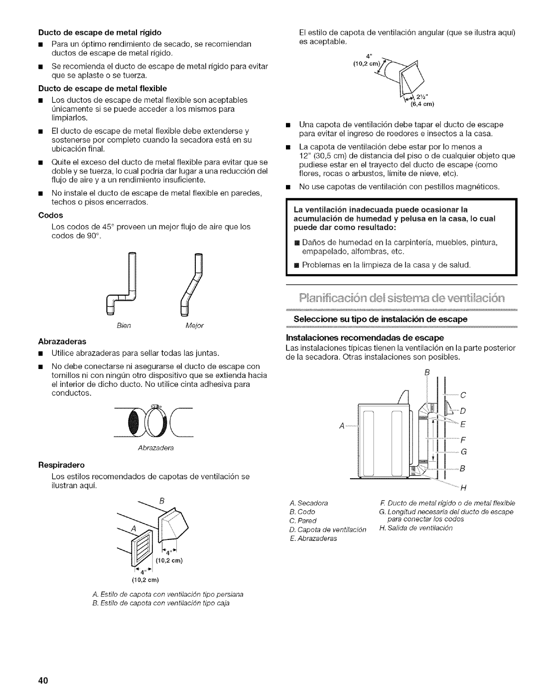 Kenmore 110.6706, 110.6707, 110.6705 manual Ducto de escape de metal flexible, 4cm, Instalaciones recomendadas de escape 