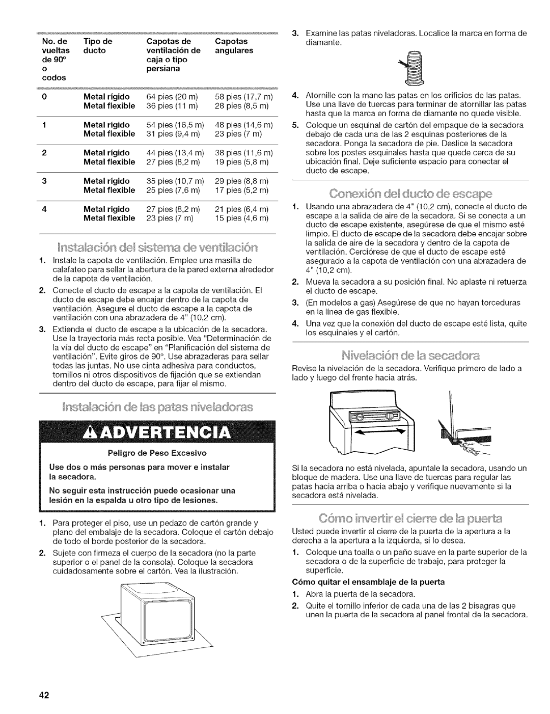 Kenmore 110.6707, 110.6706, 110.6705 manual No. de Tipo de, Vueltas Ducto Ventilaci6n Angulares, Peligro de Peso Excesivo 