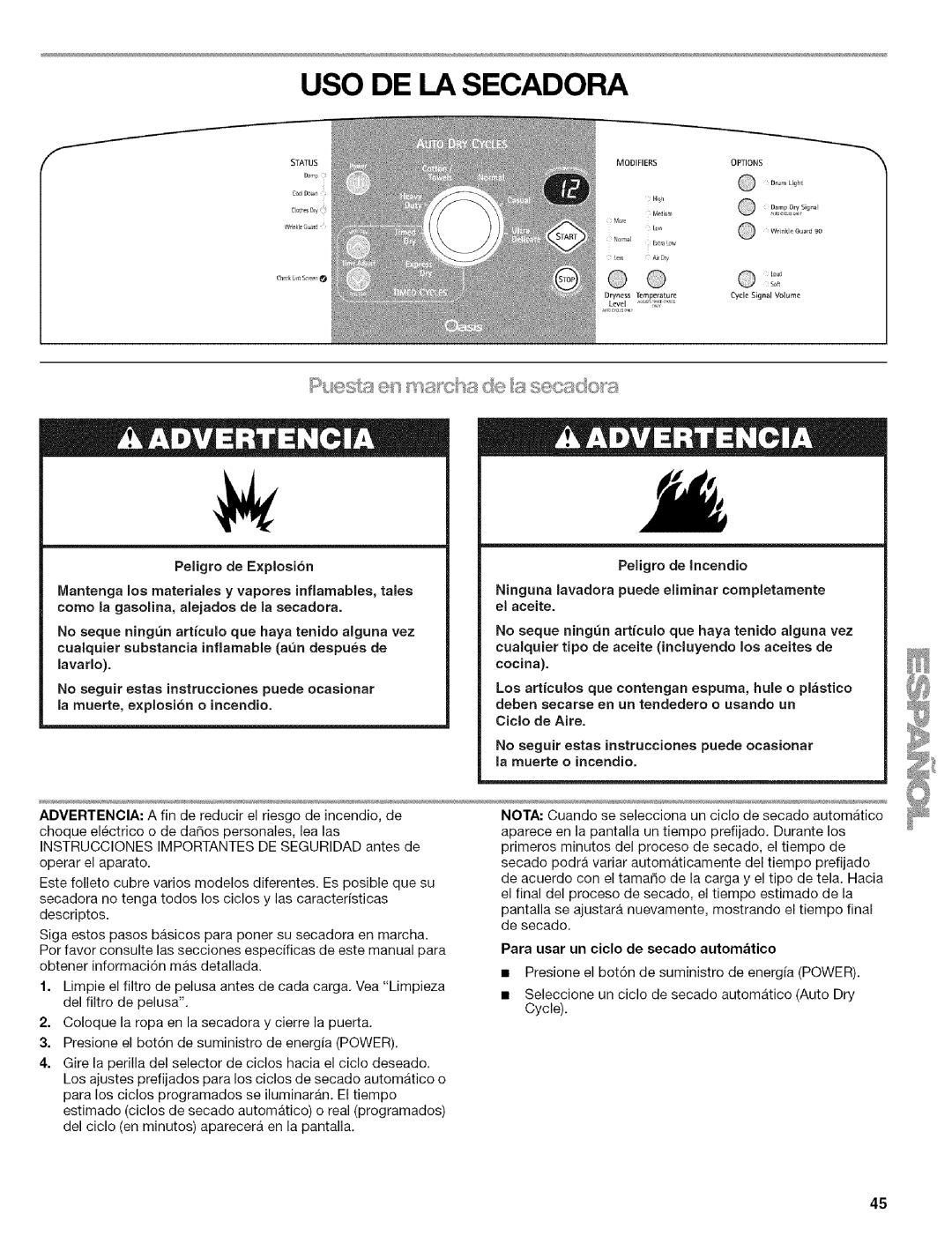 Kenmore 110.6707, 110.6706, 110.6705 manual USO DE LA Secadora, Para usar un ciclo de secado automtico 