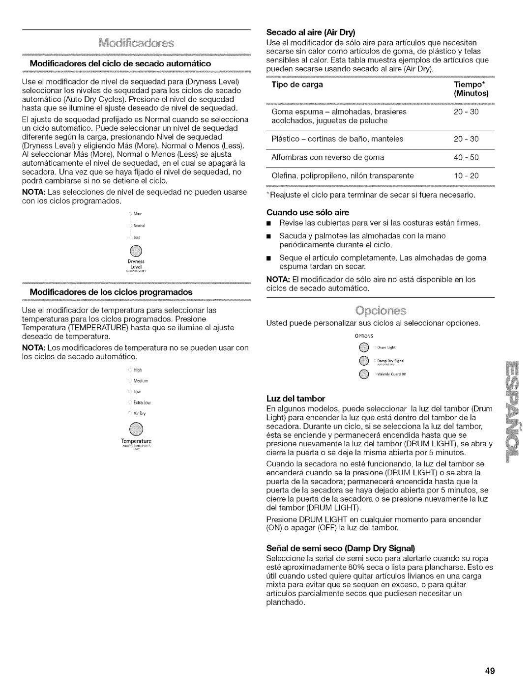 Kenmore 110.6706, 110.6707, 110.6705 Modiflcadores de los ciclos programados, Secado al aire Air Dry, Tipo de carga Tiempo 