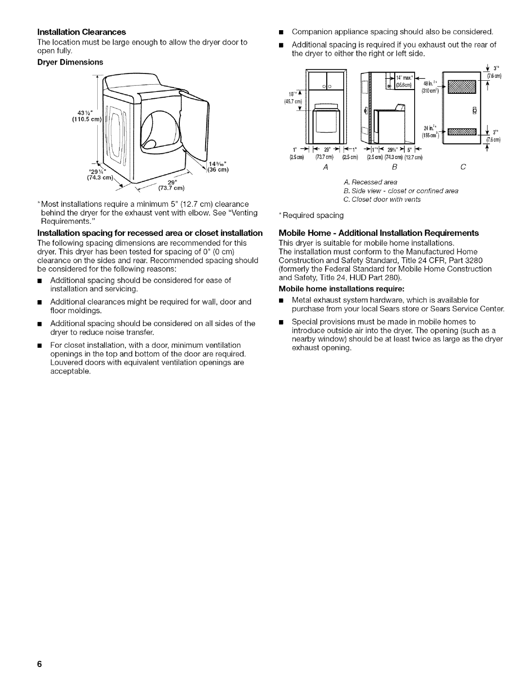 Kenmore 110.6707, 110.6706 Installation Clearances, Dryer Dimensions, Mobile Home Additional Installation Requirements 