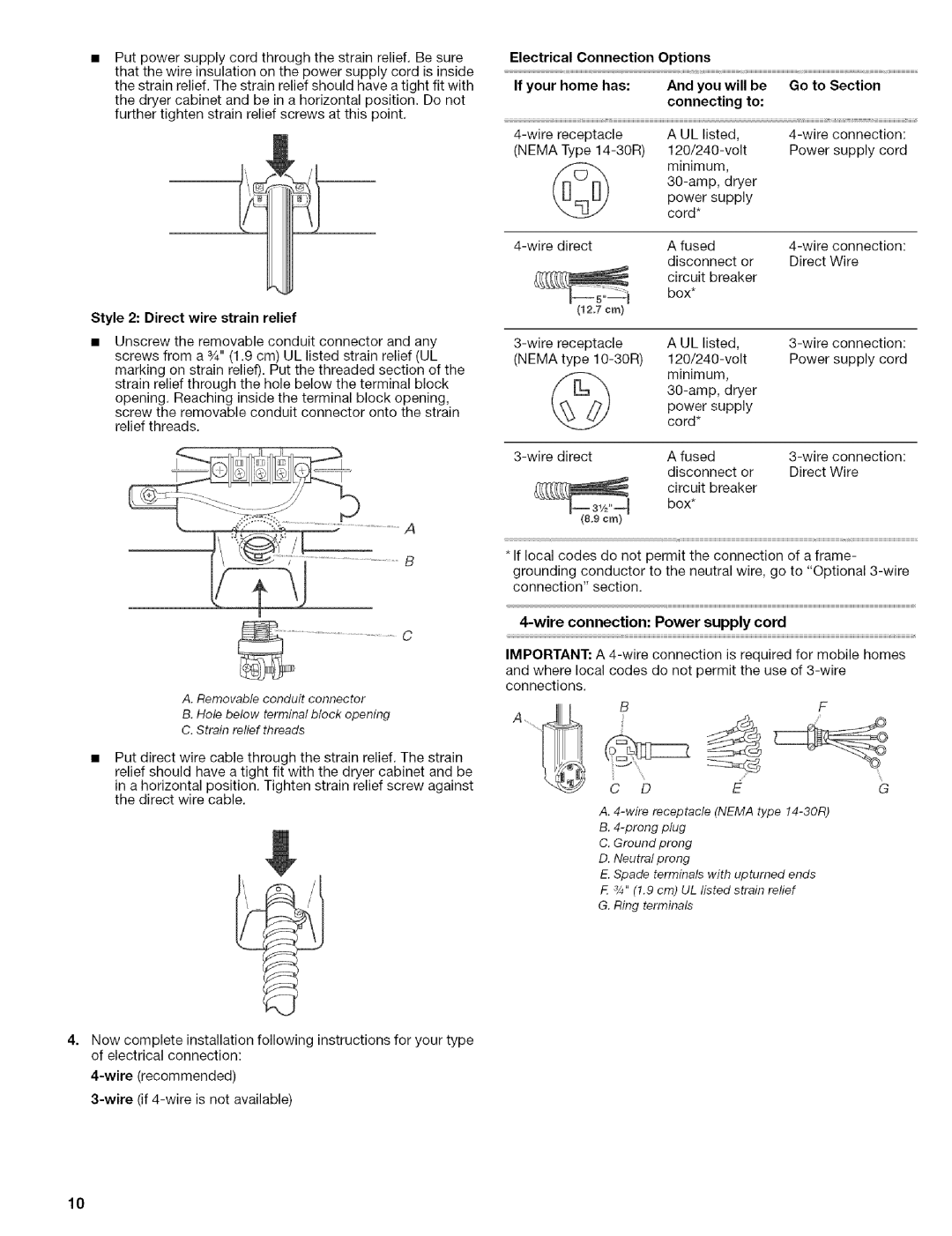 Kenmore 110.8587#, 110.8586#, 110.8508#, 110.8509# manual Style 2 Direct wire strain relief, Wire connection Power supply cord 