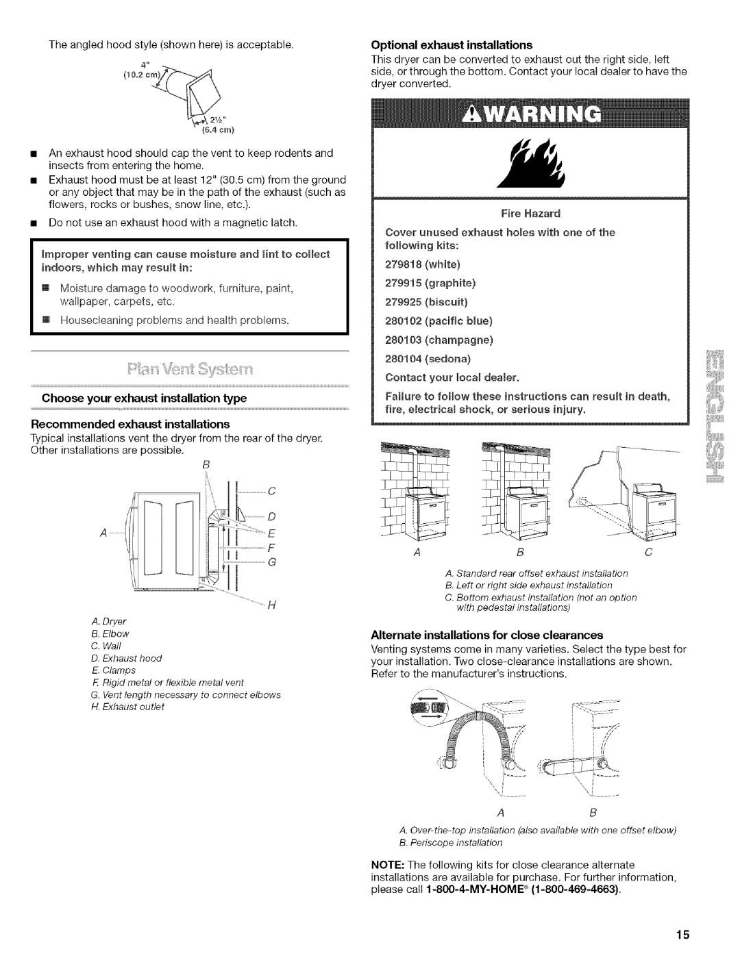 Kenmore 110.8509#, 110.8586# manual Optional exhaust installations, Biscuit, Alternate installations for close clearances 