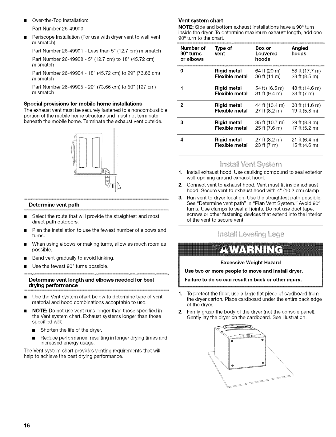 Kenmore 110.8586# Special provisions for mobile home installations, Vent system chart, Hoods Rigid metal, Flexible 