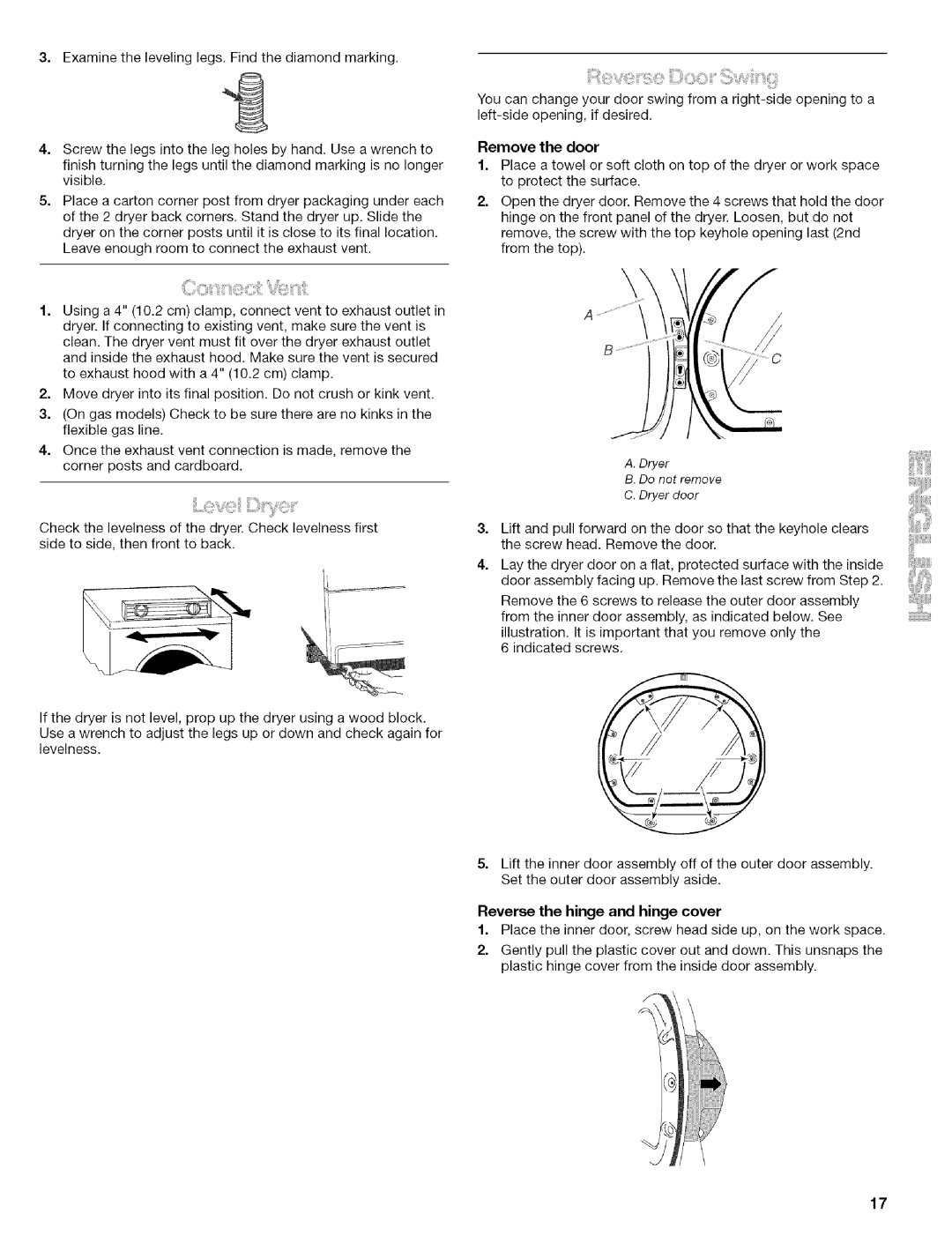 Kenmore 110.8508#, 110.8586#, 110.8587#, 110.8509# manual Reverse the hinge and hinge cover 