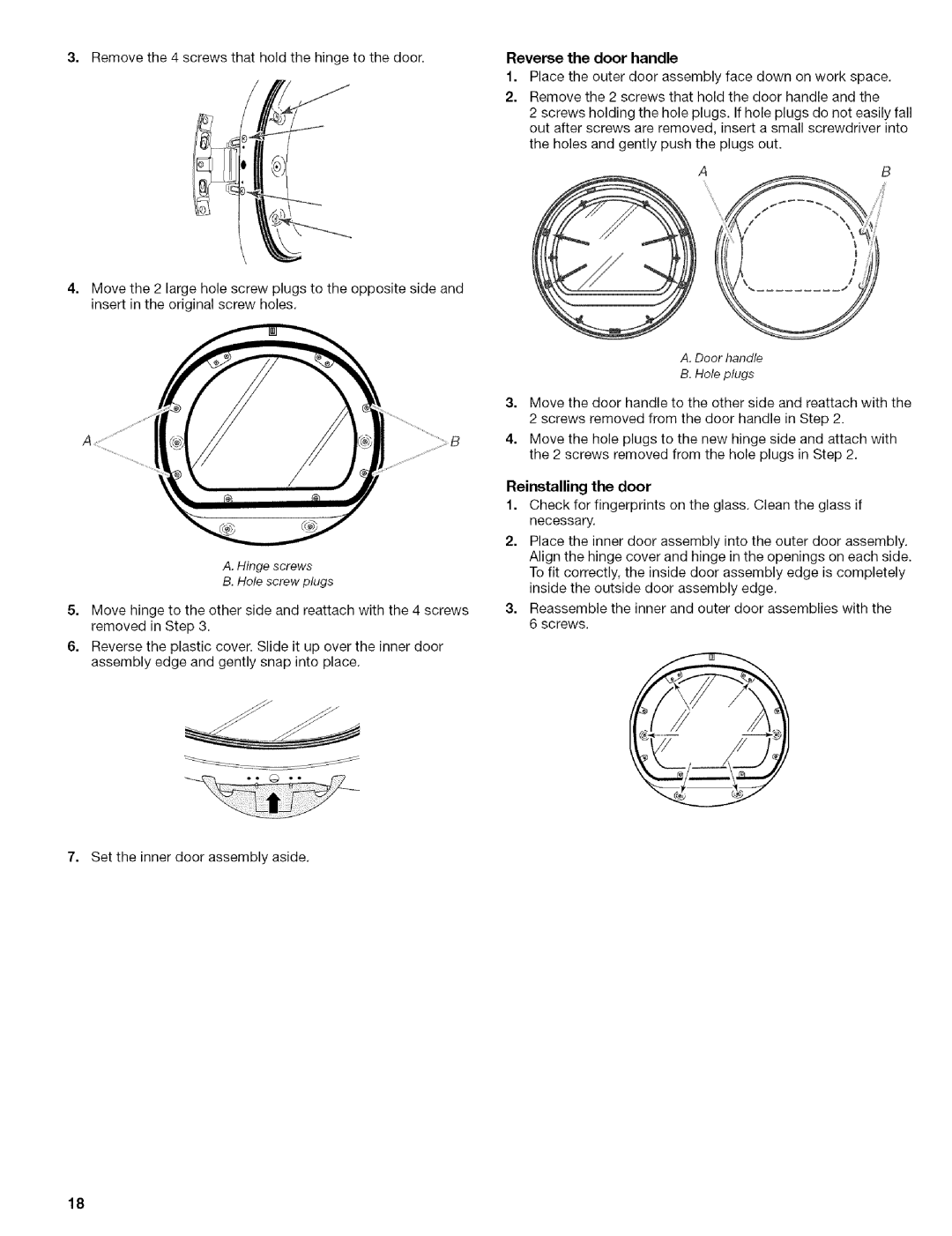 Kenmore 110.8587#, 110.8586#, 110.8508#, 110.8509# manual Reverse the door handle, Door handle Hole plugs 