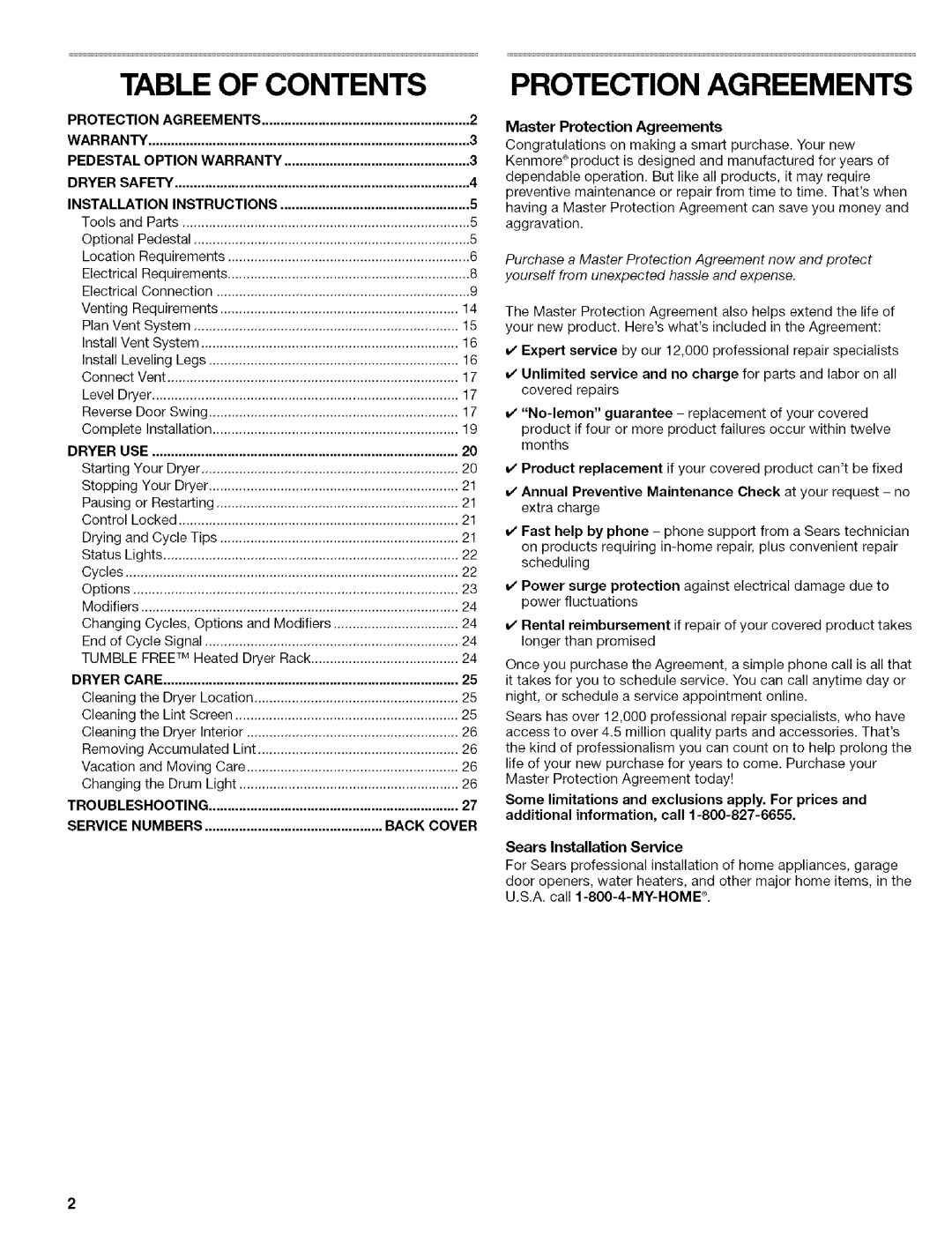 Kenmore 110.8587#, 110.8586#, 110.8508#, 110.8509# manual Table of Contents, Protection Agreements 