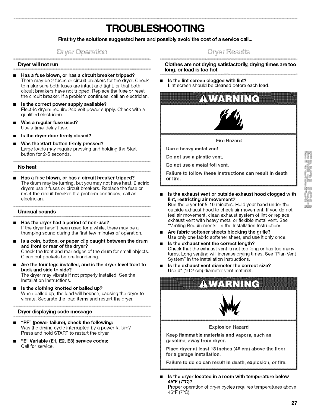 Kenmore 110.8509#, 110.8586#, 110.8508#, 110.8587# manual Troubleshooting 