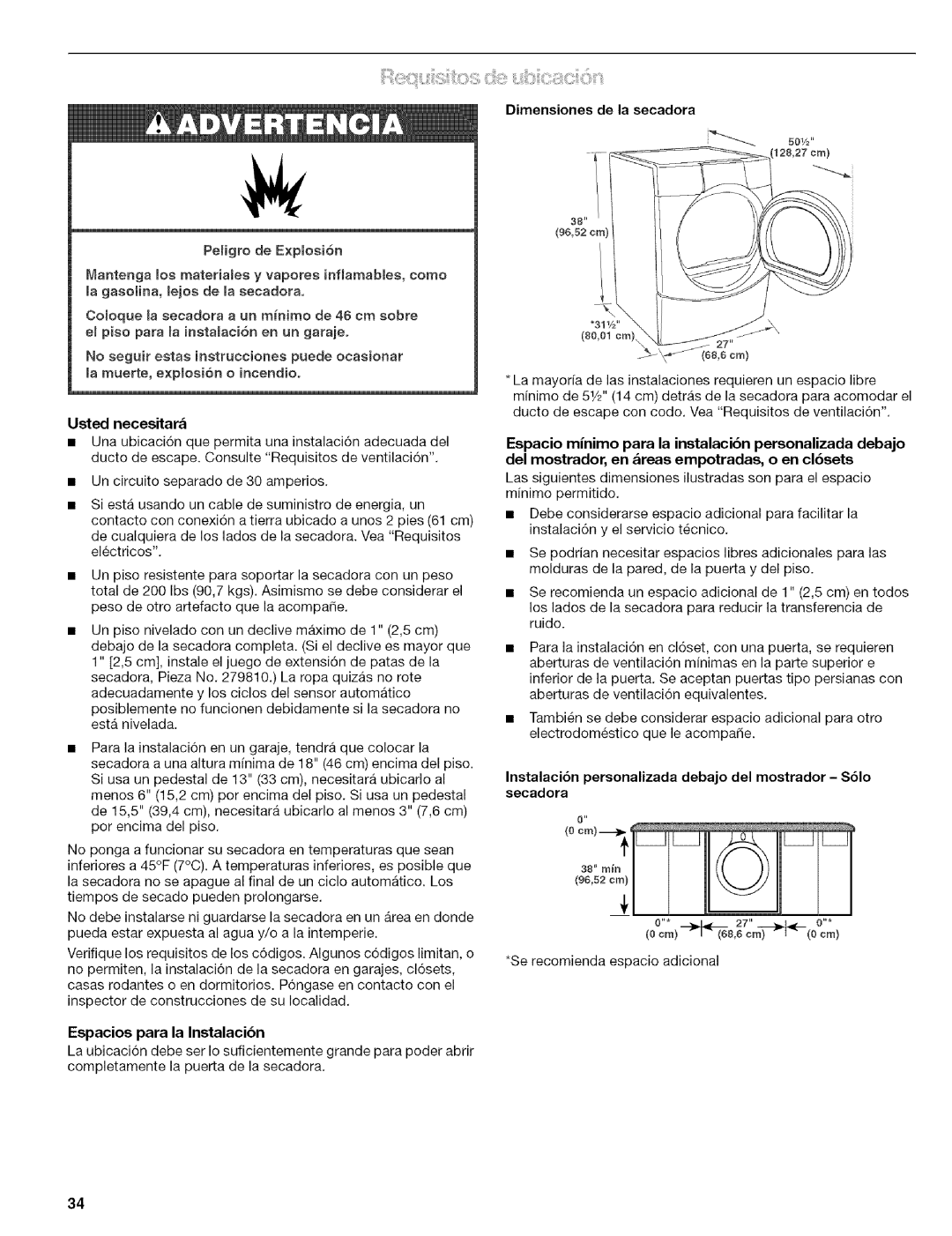 Kenmore 110.8587#, 110.8586#, 110.8508#, 110.8509# manual Dimensiones de la secadora 