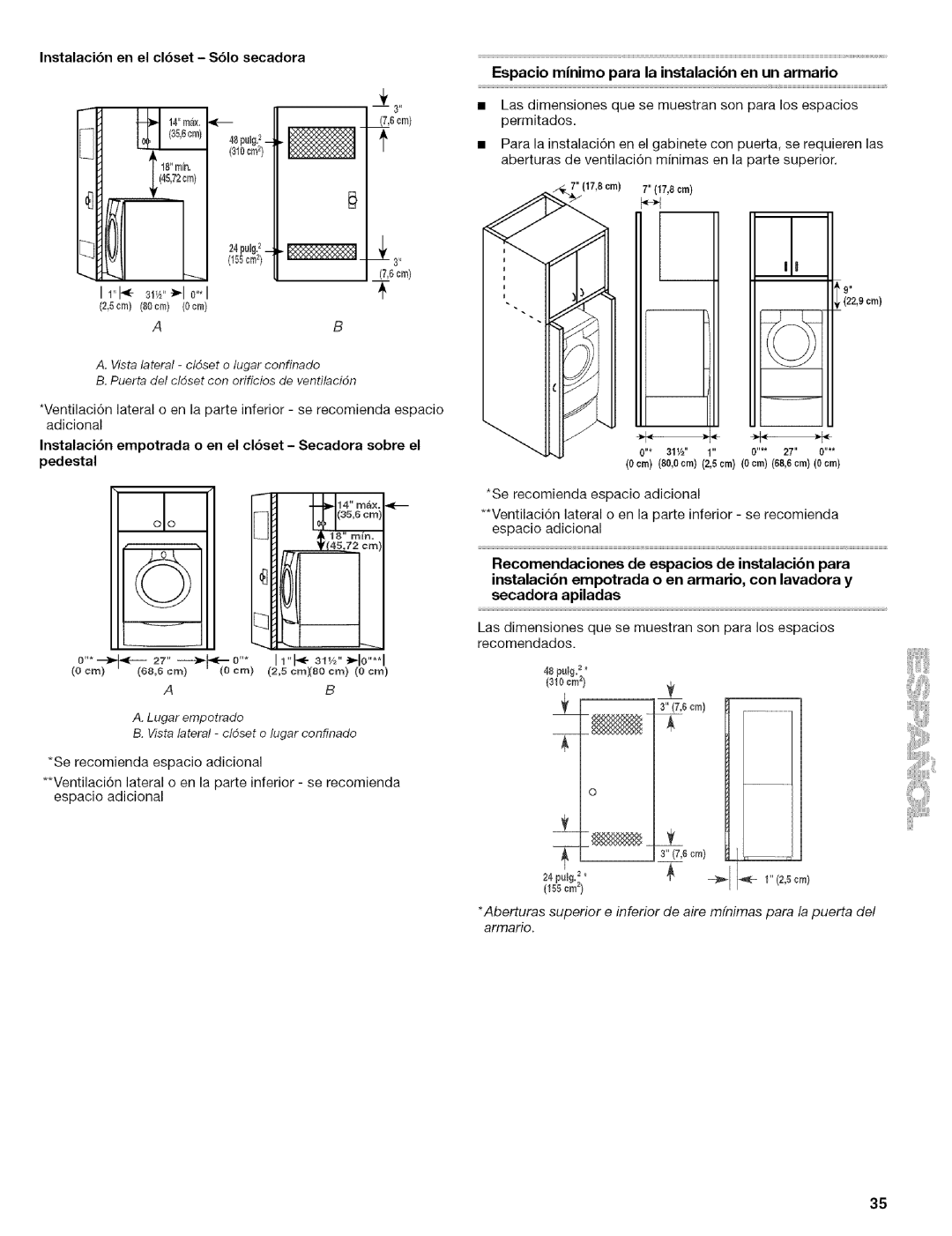 Kenmore 110.8509#, 110.8586# manual Instalaci6n en el cl6set S61o secadora, Espacio minimo para la instalacibn en un armario 