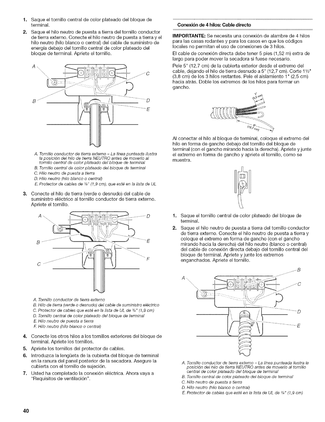 Kenmore 110.8586#, 110.8508#, 110.8587#, 110.8509# manual Conexi6n de 4 hilos Cable directo 