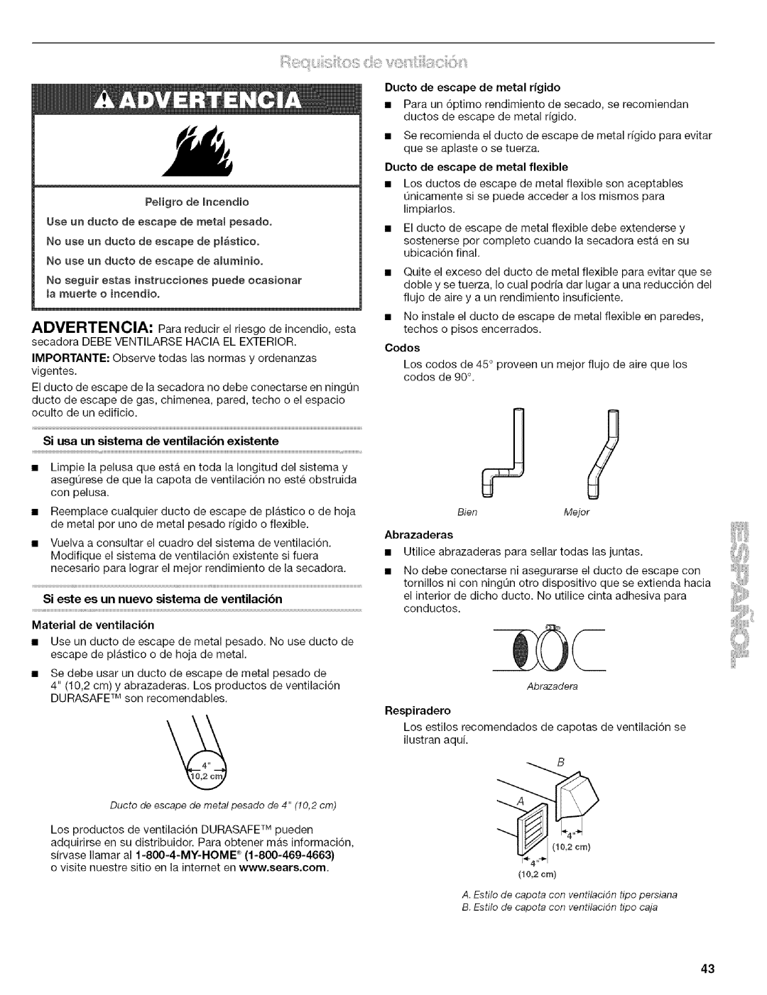 Kenmore 110.8509# Si usa un sistema de ventilacibn existente, Ducto de escape de metal rigido, Abrazaderas, Respiradero 