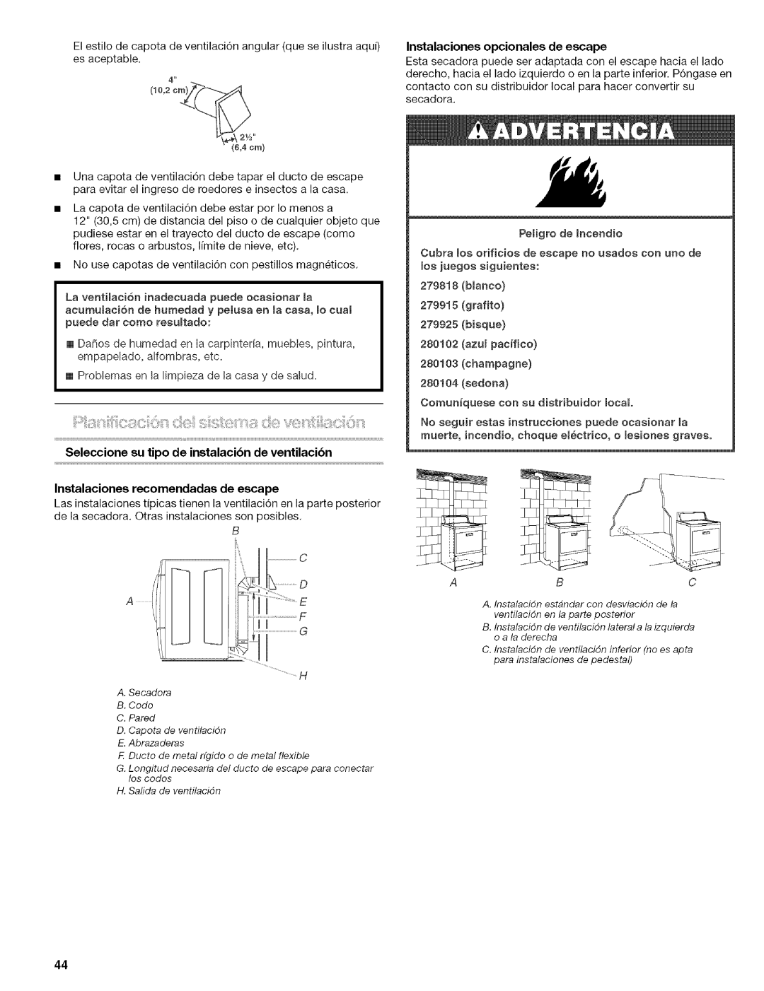 Kenmore 110.8586# Seleccione su tipo de instalacibn de ventilacibn, Instalaciones recomendadas de escape, Grafito Bisque 