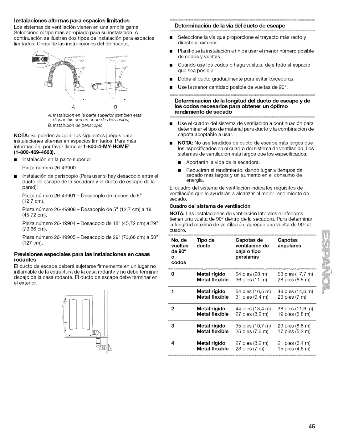 Kenmore 110.8508#, 110.8586# Instalaciones alternas para espacios limitados, Determinacibn de la via del ducto de escape 