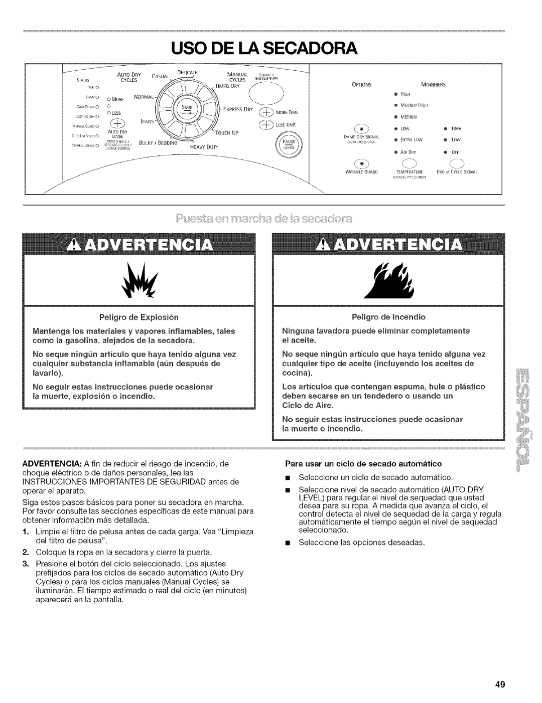 Kenmore 110.8508#, 110.8586#, 110.8587#, 110.8509# manual USO DE LA Secadora, LavarJo, Para usar un ciclo de secado automatico 