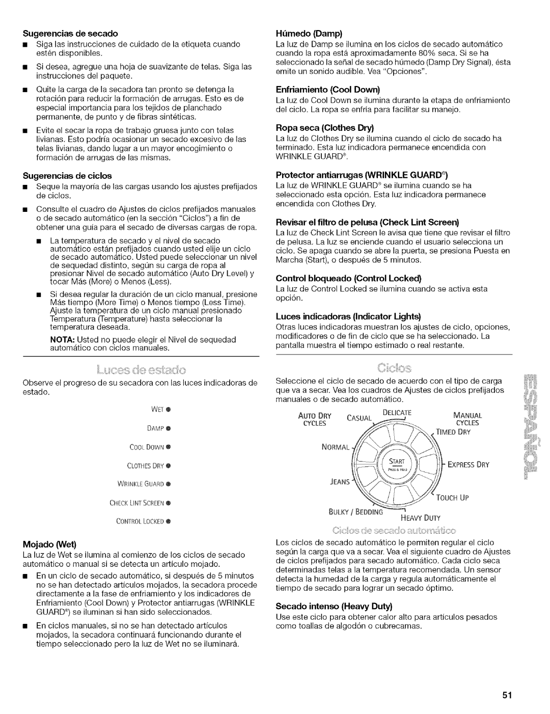 Kenmore 110.8509#, 110.8586# Sugerencias de secado, Sugerencias de ciclos, Mojado Wet, Htmedo Damp, Enfriamiento Cool Down 